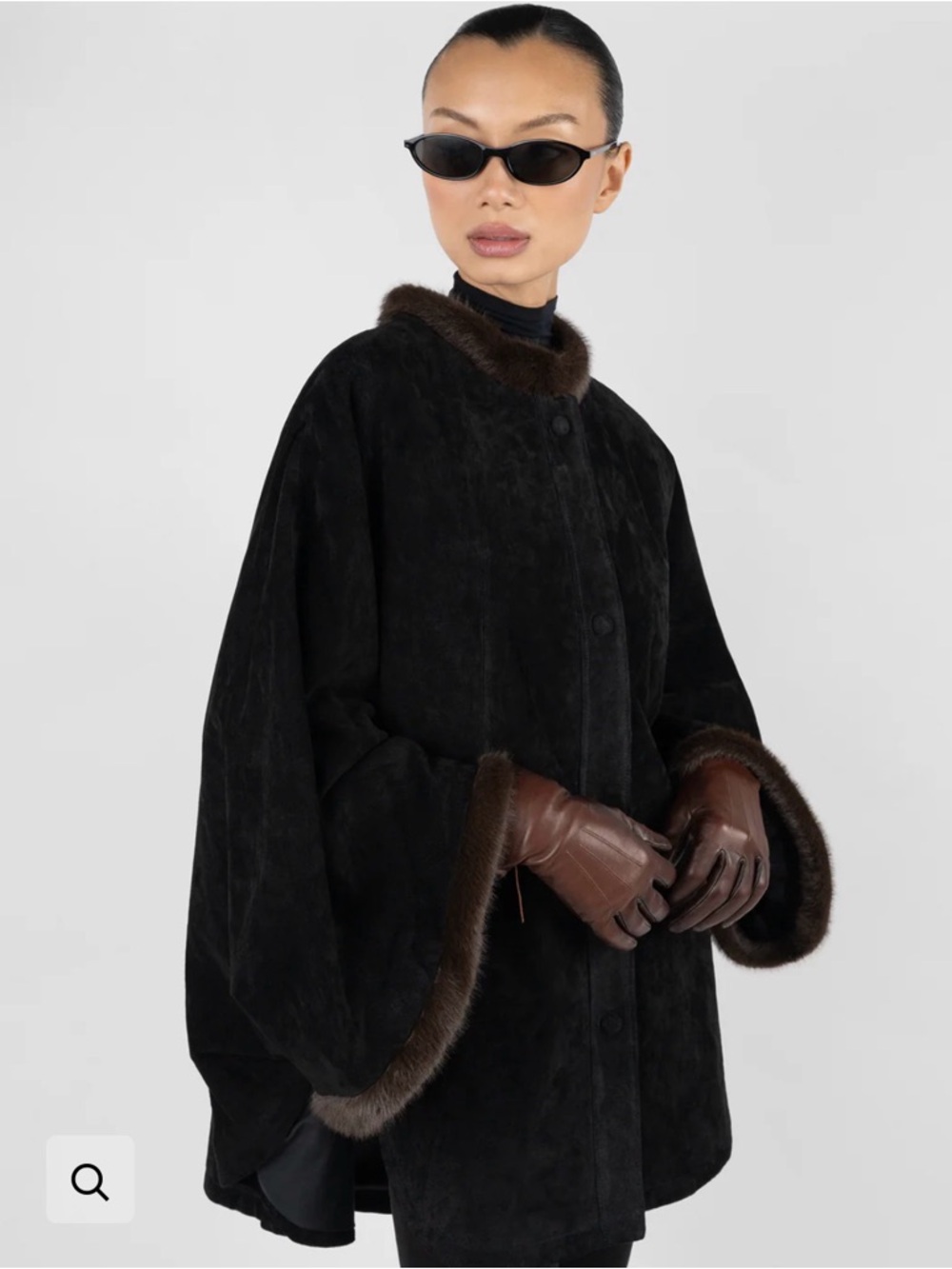 WeWoreWhat Premium Black Suede Poncho coat with Brown fur trim